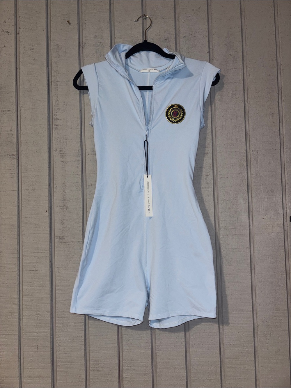 Morgan Stewart Sport Light Blue Sleeveless Zip Romper with Badge